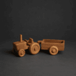Kézzel készült fa játék traktor utánfutóval, vintage stílusban, természetes fa