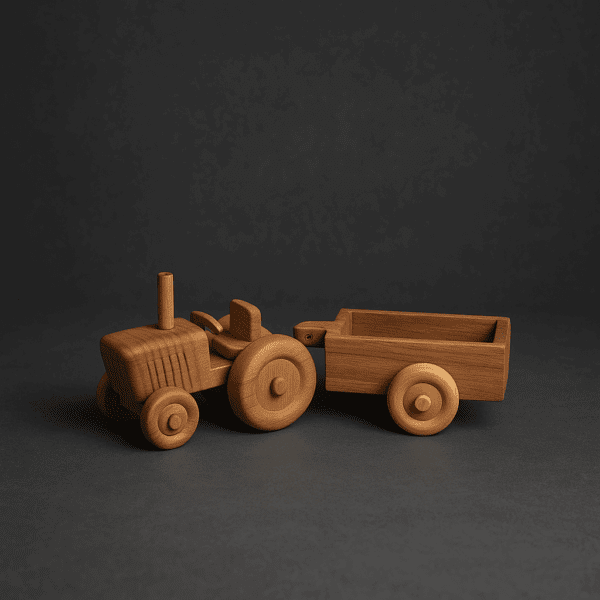 Kézzel készült fa játék traktor utánfutóval, vintage stílusban, természetes fa