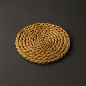 Kézzel szőtt, gyékényből készült vintage poháralátét sötétszürke háttérrel, 12 cm átmérőjű, természetes hatású lakásdekorációs kiegészítő