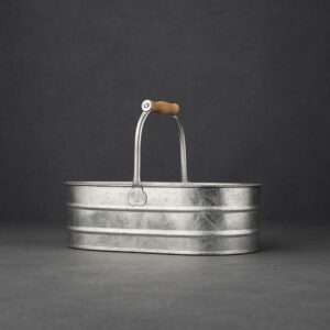 Galvanizált bádog kosár fa fogantyúval, vintage stílusú kerti kiegészítő tároláshoz vagy dekorációhoz