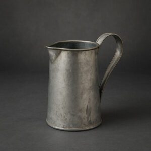 Vintage stílusú, 1,8 literes horganyzott bádogkancsó ívelt füllel, sötétszürke stúdióháttér előtt fotózva, lakberendezési kiegészítőként.